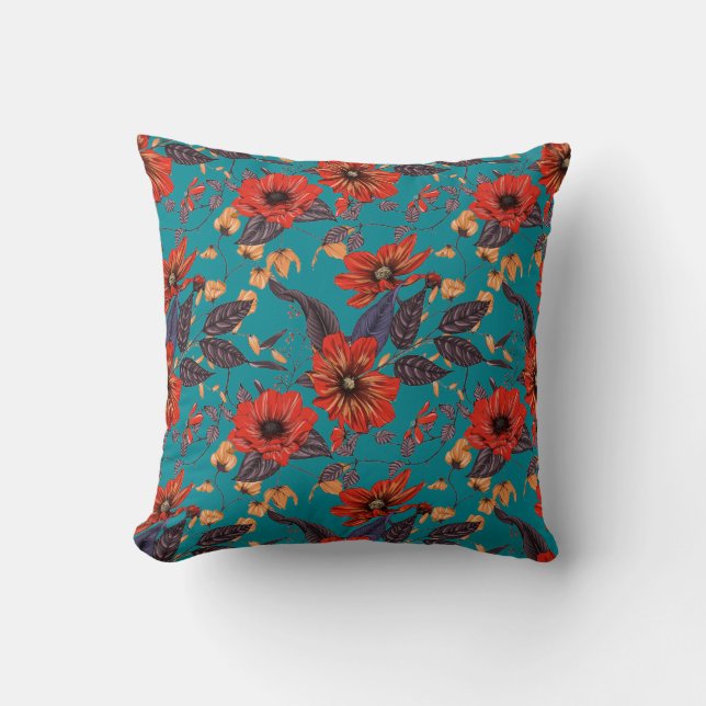 Aquamarines und rotes Blumenmuster Kissen (Vorderseite)