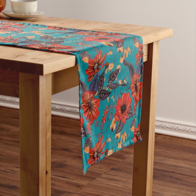Aquamarines und rotes Blumenmuster Kurzer Tischläufer (Beispiel)