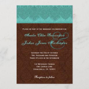 Aquamarines und Schokoladen-Damast-Monogramm, das Einladung