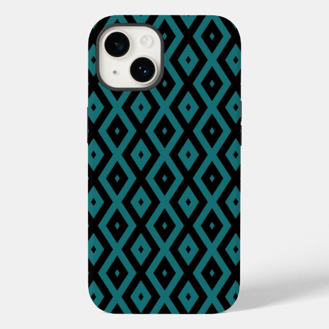 Aquamarines und schwarzes Diamantmuster Case-Mate iPhone 14 Hülle (Rückseite)
