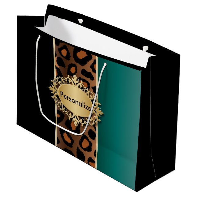 Aquamarines und schwarzes Leopard-Muster Große Geschenktüte (Vorderseite Schrägansicht)