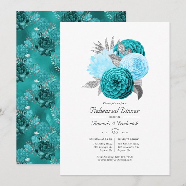 Aquamarines und Silberflorales Hochzeitsessen Prob Einladung (Vorne/Hinten)