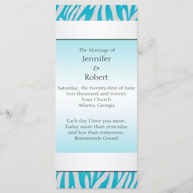 Aquamarines und weißes Zebra Diamond Hochzeitsprog Programm (Vorderseite)