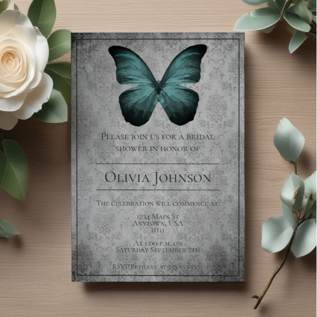 Aquamarines Vintages Butterfly-Damask-Brautparty Einladung (Teal Vintage Butterfly Damask Bridal Shower Invitation)