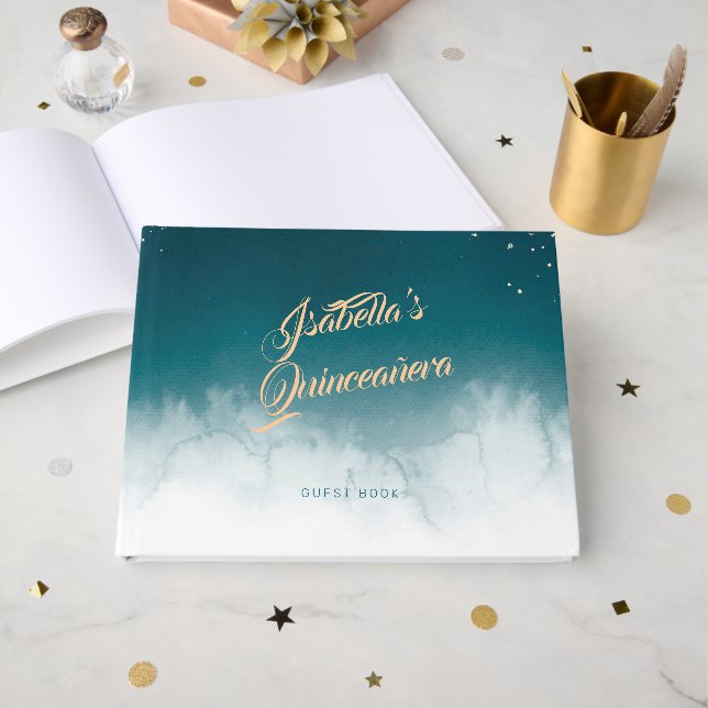 Aquamarines Wasserfarben Goldener Spritzer Quinceñ Gästebuch (Vorderseite Offen)