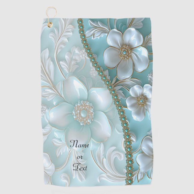 Aquamarines weißes Blumenhandtuch Golfhandtuch (Vorderseite)