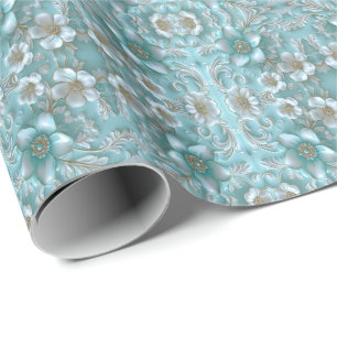 Aquamarines Weißes Blumenpapier Geschenkpapier