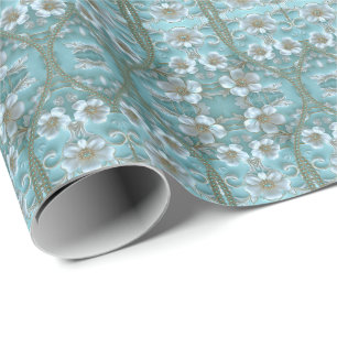 Aquamarines Weißes Blumenpapier Geschenkpapier