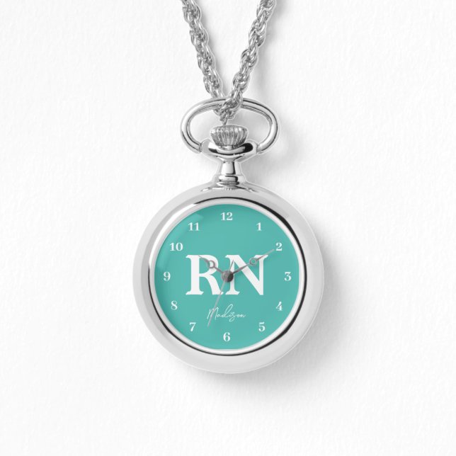 Aquamarines weißes Monogramm für Krankenschwester Armbanduhr (Vorderseite)