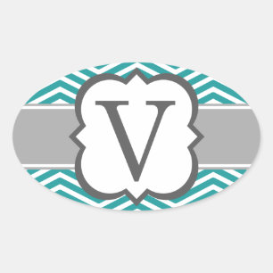 Aquamarines weißes Monogramm Letter V Zickzack Ovaler Aufkleber