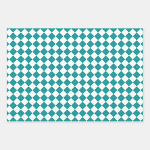 Aquamarines weißes Schachbrett Diamantmuster Geschenkpapier Set