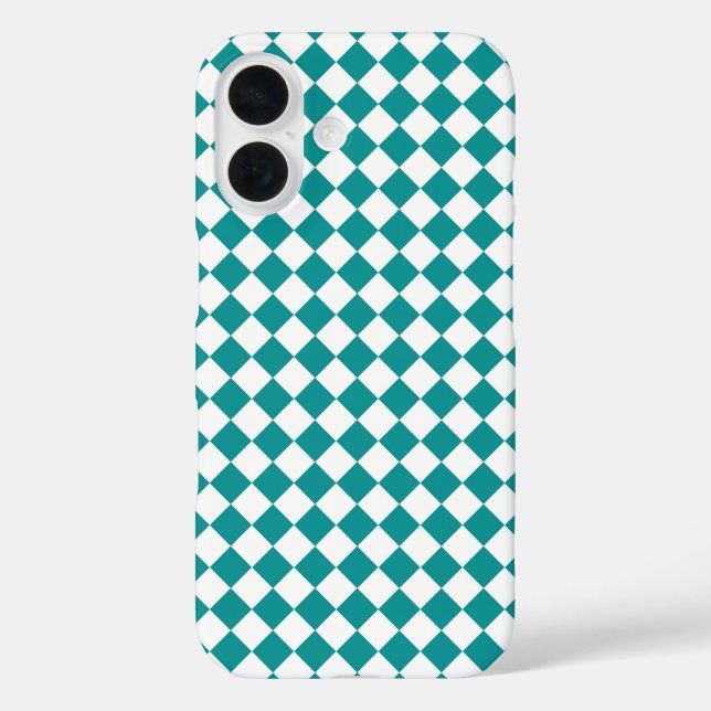 Aquamarines weißes Schachbrett Diamantmuster iPhone 16 Hülle (Rückseite)
