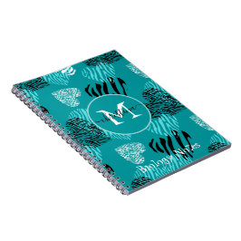 Aquamarines Weißes Zebra-Druckhörer-Monogramm Notizblock