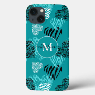 Aquamarines weißes Zebra Print Hearts Monogram iPh Case-Mate iPhone Hülle