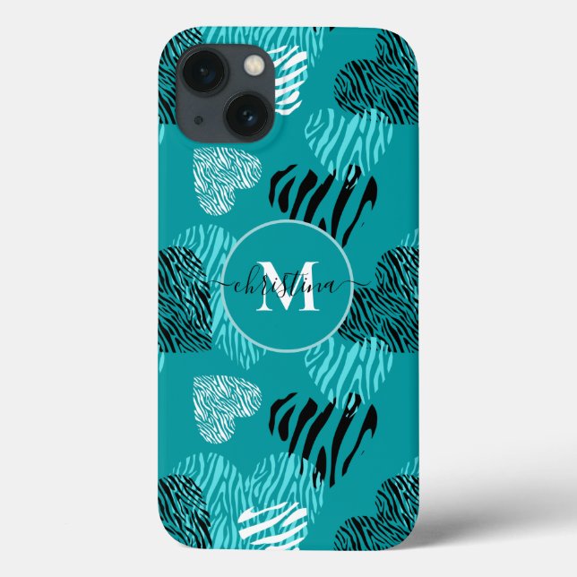 Aquamarines weißes Zebra Print Hearts Monogram iPh Case-Mate iPhone Hülle (Rückseite)