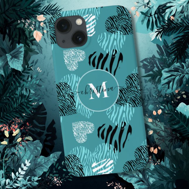 Aquamarines weißes Zebra Print Hearts Monogram iPh Case-Mate iPhone Hülle (Von Creator hochgeladen)