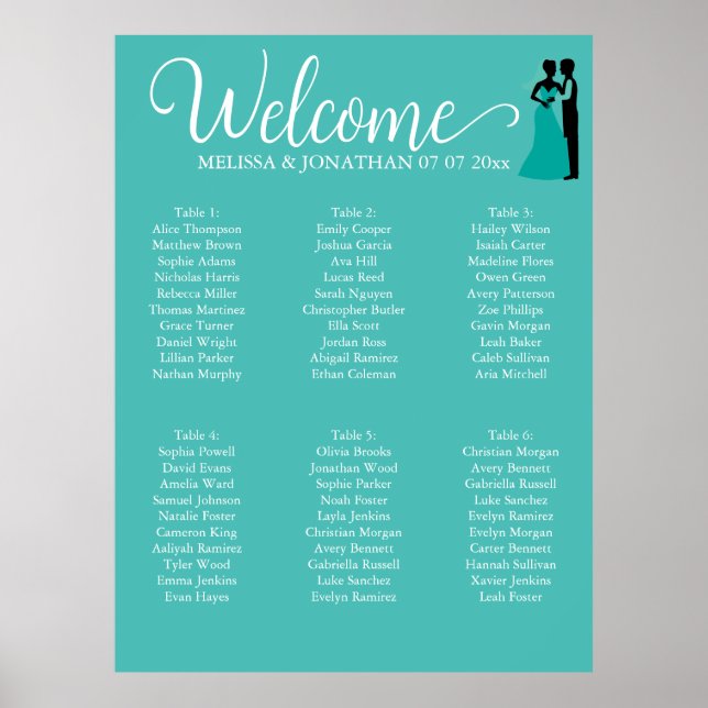 Aquamarines White Elegant Wedding Chart Poster (Vorne)