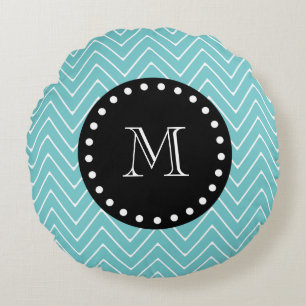 Aquamarines Zickzack schwarzes Monogramm des Rundes Kissen