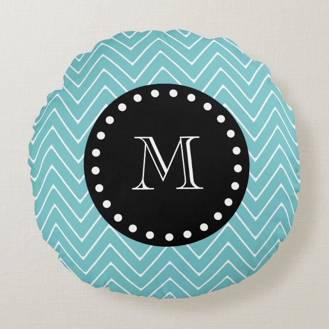 Aquamarines Zickzack schwarzes Monogramm des Rundes Kissen (Vorderseite)