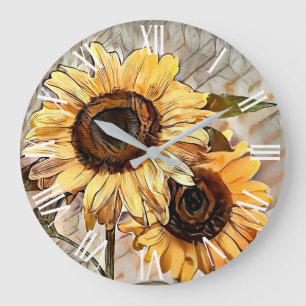 Aquarell 2 Glänzende Sonnenblumen Elegante Kollekt Große Wanduhr