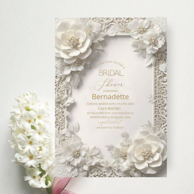 Aquarell 3D-weiße Blume Gold Brautparty Einladung (Von Creator hochgeladen)