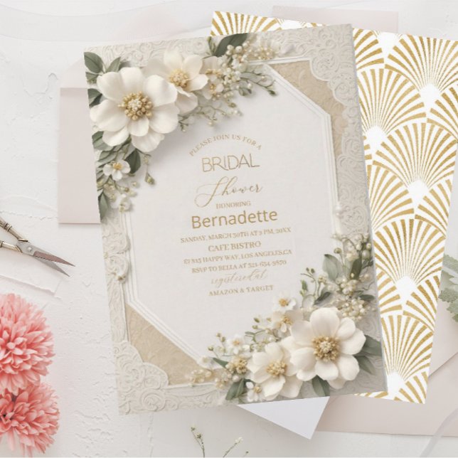 Aquarell 3D-weiße Blume Gold Brautparty Einladung (Von Creator hochgeladen)