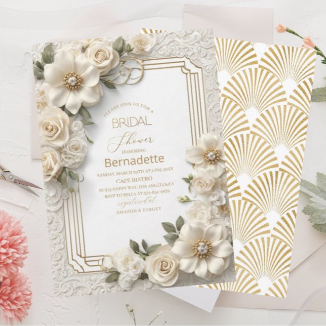 Aquarell 3D-weiße Blume Gold Brautparty Einladung (Von Creator hochgeladen)