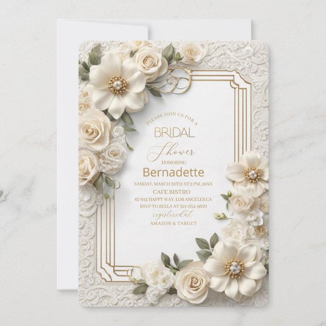 Aquarell 3D-weiße Blume Gold Brautparty Einladung (Vorderseite)