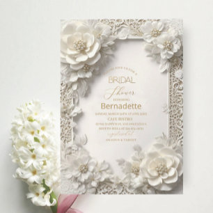 Aquarell 3D weiße Blumen Gold Junggesellinnenabsch Einladung