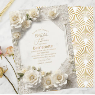 Aquarell 3D weiße Blumen Gold Junggesellinnenabsch Einladung