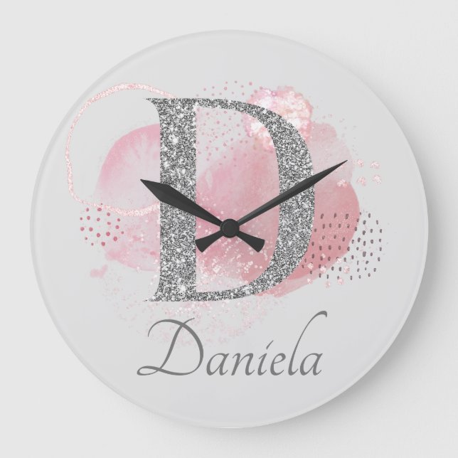 Aquarell Abstrakt und Glitzer Letter D Große Wanduhr (Vorderseite)