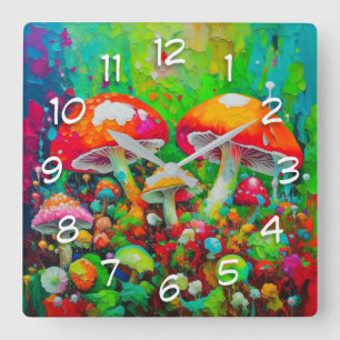 Aquarell-Abstrakte Pilze Quadratische Wanduhr