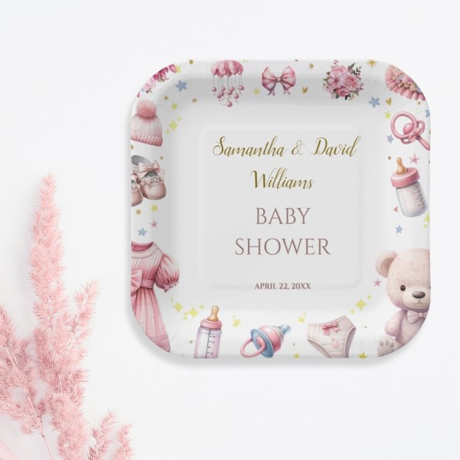 Aquarell Adorable Pink Joyful Babydusche Blüte Pappteller (Von Creator hochgeladen)