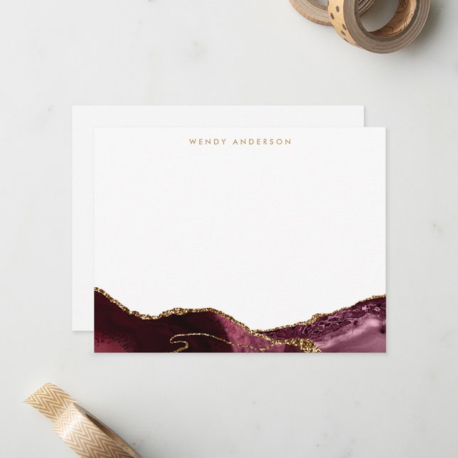 Aquarell Agate Burgundy Red Gold Glitzer Marmor Mitteilungskarte (Vorderseite/Rückseite Beispiel)