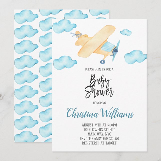 Aquarell Airplane Boy Baby Dusche Blau Einladung (Vorne/Hinten)