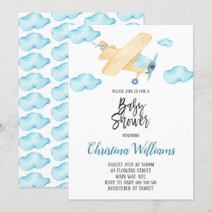 Aquarell Airplane Boy Baby Dusche Blau Einladung