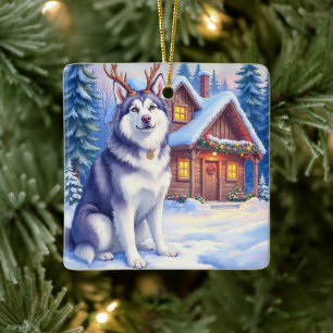 Aquarell Alaskan Malamute Rentier Weihnachten Keramikornament