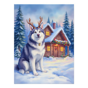 Aquarell Alaskan Malamute Rentier Weihnachten Poster