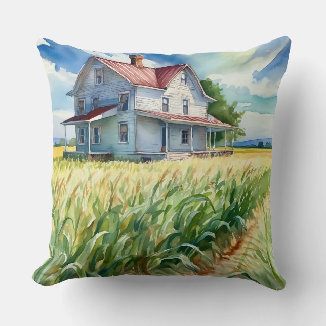 Aquarell Altes Bauernhaus und Maisfeld Kissen (Vorderseite)