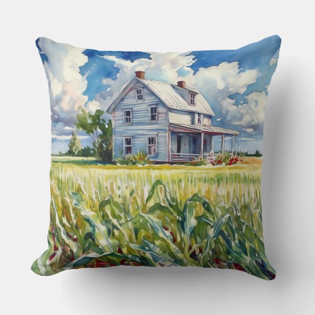 Aquarell Altes Bauernhaus und Maisfeld Kissen (Vorderseite)