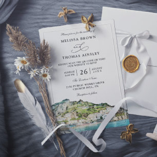 Aquarell Amalfi-Küste Budget QR-Code Hochzeit Einladung