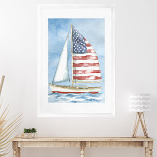 Aquarell American Flag Patriotic Sailboat Poster