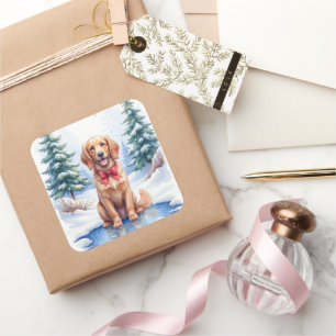 Aquarell American Water Spaniel Gefrorener Teich Quadratischer Aufkleber