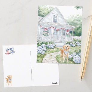Aquarell Americana Landhaus Fröhlicher 4. Juli Postkarte
