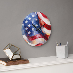 Aquarell-Amerikanische-Flagge-Große-Wanduhr Große Wanduhr