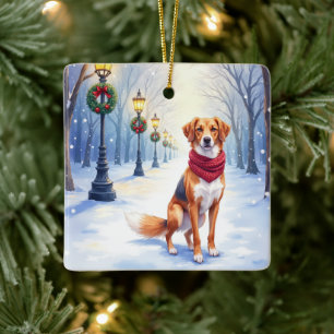Aquarell Amerikanischer Foxhound Verschneiter Late Keramikornament
