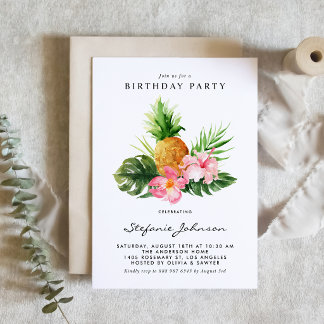 Aquarell-Ananas-Hibiskus-Tropischer-Geburtstag Einladung