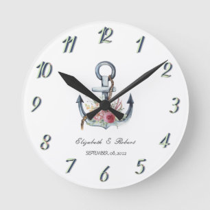 Aquarell-Anker-Blumen-Maritim Runde Wanduhr