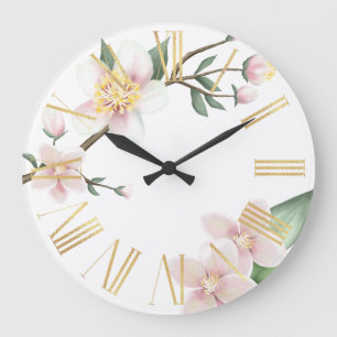 Aquarell Apfelblüten und goldene römische Ziffern Große Wanduhr