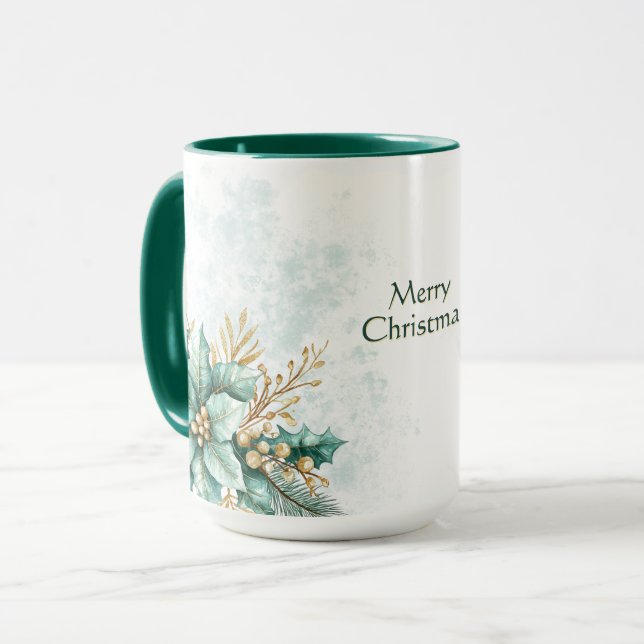 Aquarell Aquamarin Blumenweihnachtsfest Tasse (Vorderseite Links)